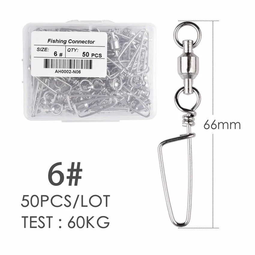 50pcs Fishing Ball Bearing Swivel with Coastlock Snap 0-6# Stainless Barrel Swivels Hook Lure Fishing Connector Tackle Box