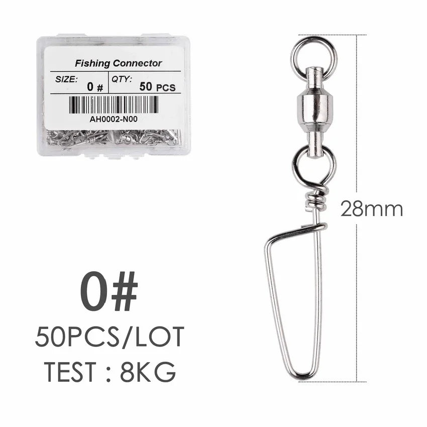 50pcs Fishing Ball Bearing Swivel with Coastlock Snap 0-6# Stainless Barrel Swivels Hook Lure Fishing Connector Tackle Box