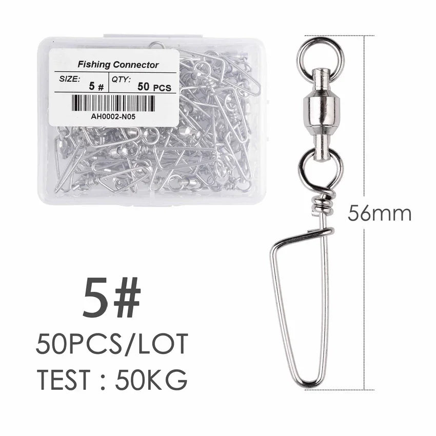 50pcs Fishing Ball Bearing Swivel with Coastlock Snap 0-6# Stainless Barrel Swivels Hook Lure Fishing Connector Tackle Box