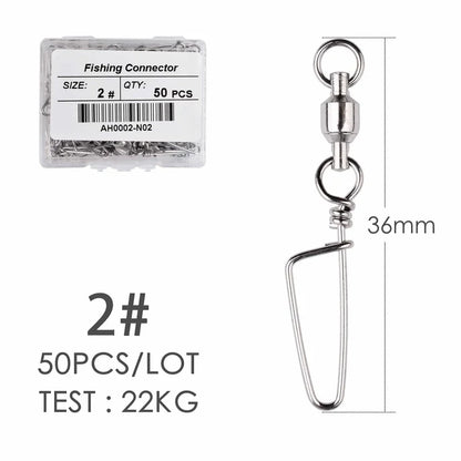 50pcs Fishing Ball Bearing Swivel with Coastlock Snap 0-6# Stainless Barrel Swivels Hook Lure Fishing Connector Tackle Box
