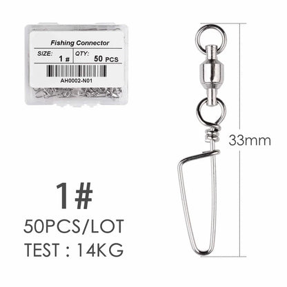50pcs Fishing Ball Bearing Swivel with Coastlock Snap 0-6# Stainless Barrel Swivels Hook Lure Fishing Connector Tackle Box